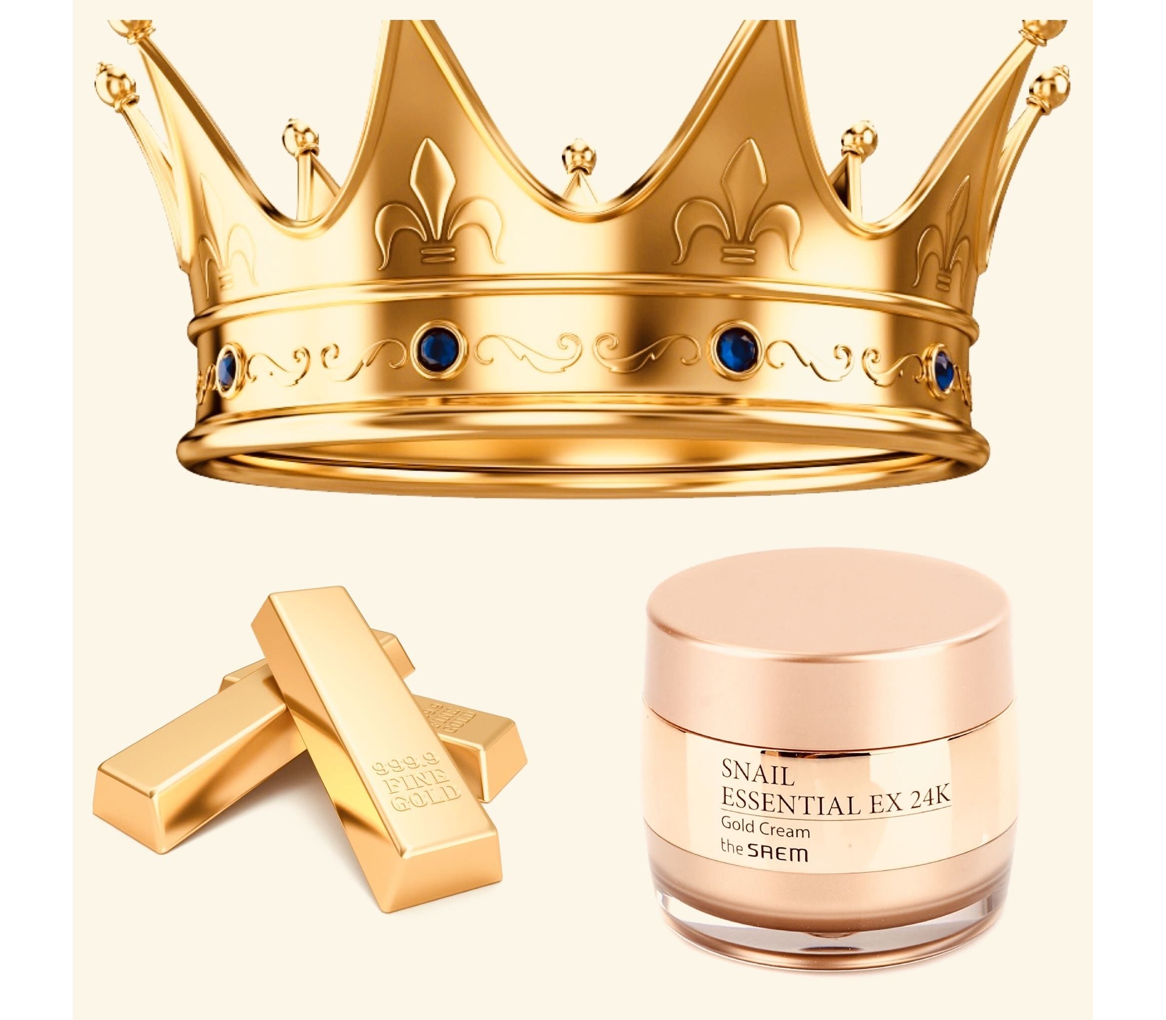 Золотая косметика. The Saem Snail Essential ex 24k Gold Cream крем для лица улиточный с золотом. 24 K Gold Crown. The Saem Snail 24k маска. Набор the Saem Snail Essential ex 24k Gold Cream Set.